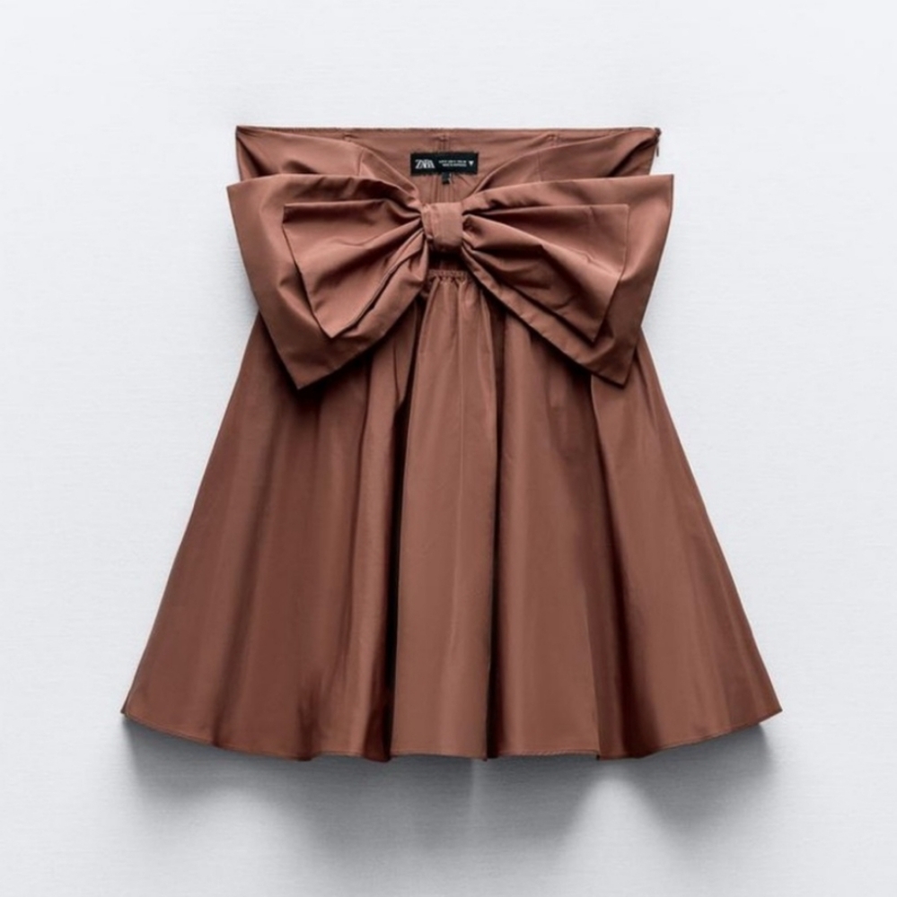 Zara * Bow Mini Dress Brown Size L - Picture 14 of 16